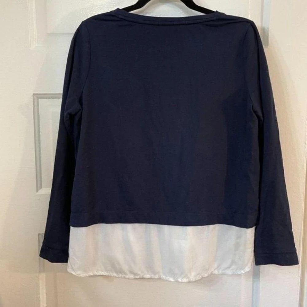 Crown‎ & Ivy Petite Navy Blue Elephant Crochet Applique Ruffle Hem Top PM